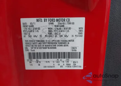 2011 Ford F-150 Fx4 из США, поврежденный, VIN 1FTFX1EF6BFB30566